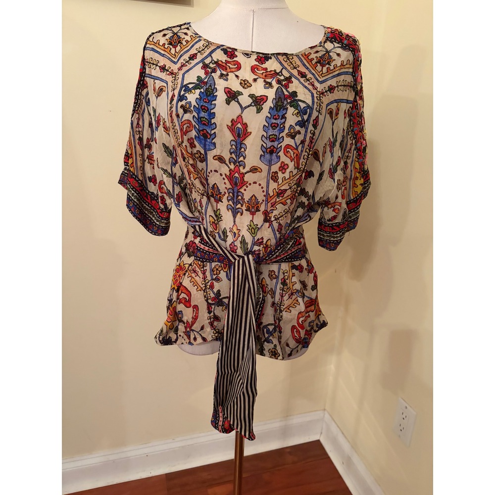 Vineet Bahl Meknes Anthropologie Boho Embroidered Tie Waist Blouse Top M - Picture 2 of 7